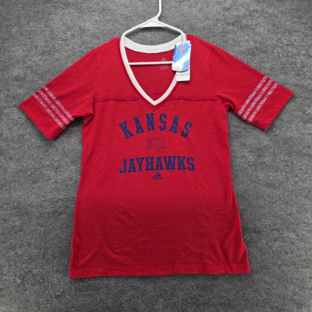 Kansas Jayhawks Adidas T-Shirt Womens L Red Ringer V-Neck Glitter Tagless
